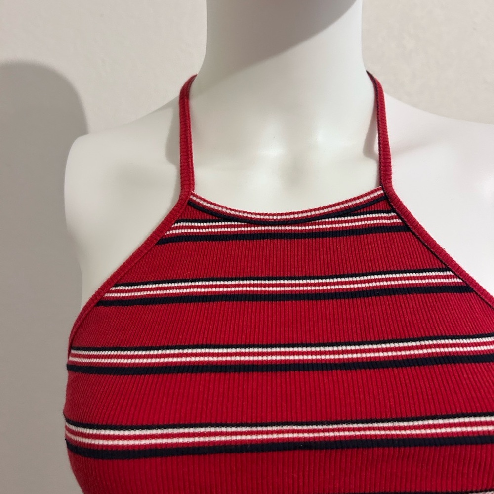 Full Tilt Red and Black Striped Halter Crop Top